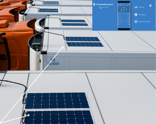 System Fotowoltaiczny dla ciągników siodłowych z naczepą typu chłodnia, 24V 220W, regulator MPPT, aplikacja